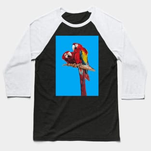 Red Macaw Parrot Watercolor Painting on Blue Baseball T-Shirt